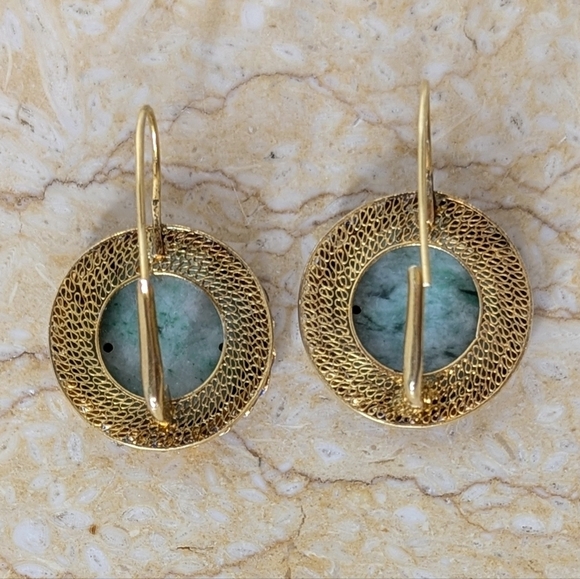 Vintage Chinese Jadeite Filigree Gilt Silver Carved Jade Enamel Dangle Earrings - Picture 6 of 10